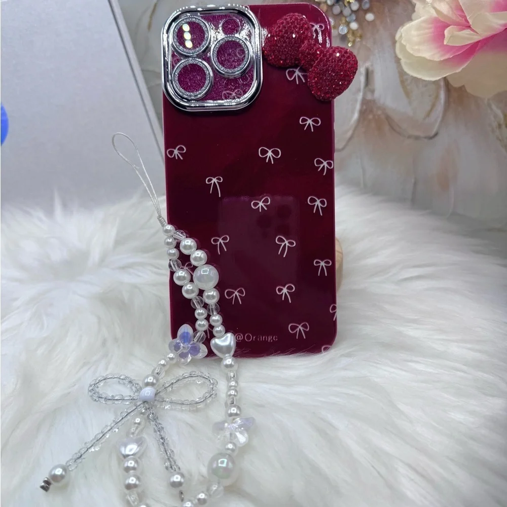 Chic iPhone 16 Pro Max  Bow Theme Wine Case w/ bows design & matching bead charm